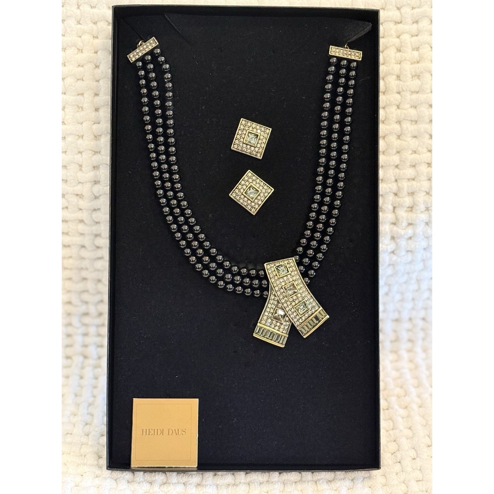 Heidi Daus Black Pearl Necklace & Earrings Set Crystal Accents Art Deco NIB